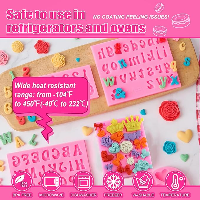 Letter Silicone Mold Alphabet Number Molds，Crown Fondant Candy Silicone Molds Bows Crown Heart Mold for Gummy Baking Candy Making Chocolate Molds Sugar for DIY Crafts Candy Desserts Cupcake Decoration
