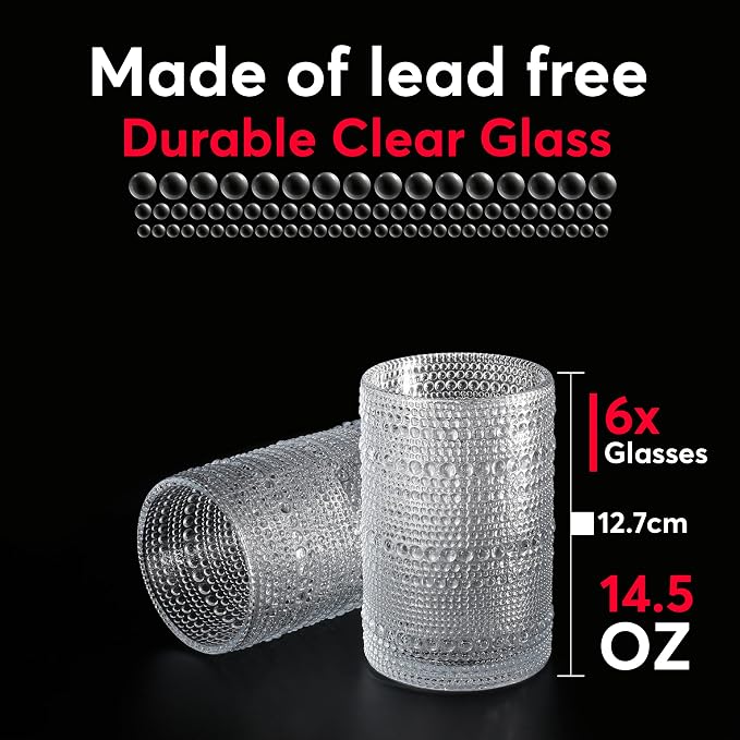 Hobnail Drinking Glasses, Vintage Glassware Set of 6, Vintage Drinking Glasses 14.54 oz, Bubble Glasses Drinking, Hobnail Glasses, Vintage Glass Cups, Jupiter Glasses for Juice, Soda, Beer, Whisky - Image 4