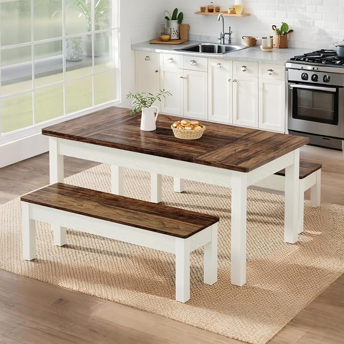 Tribesigns Farmhouse Kitchen Table Set for 4-6, 55-Inch Wooden Dining Table with 2 Benches, Space Saving 3 Pieces Heavy Duty Dinette for Dining Room, Kitchen, Small Space - Image 6