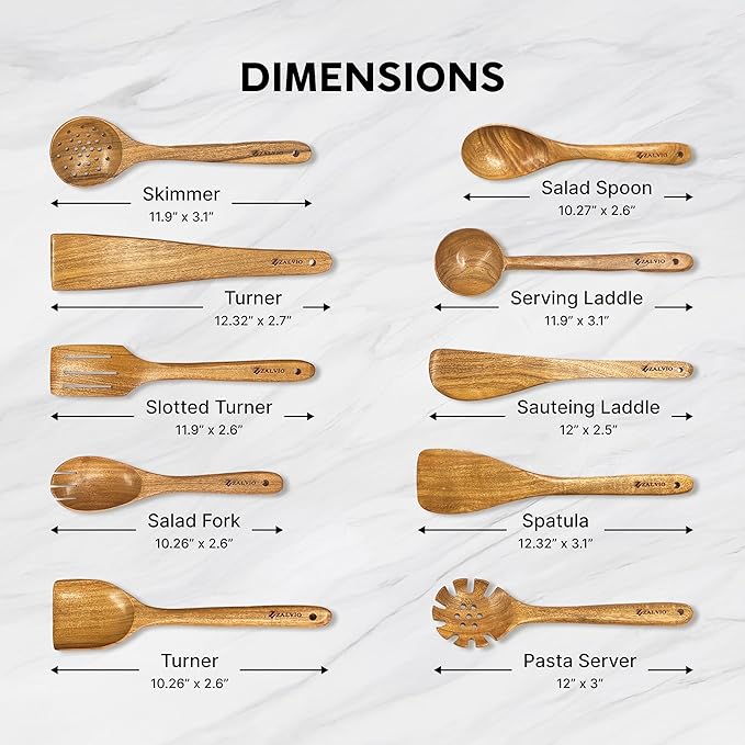 Zalvio 12-Piece Acacia Wood Kitchen Utensil Set – Wooden Spoons with Holder & Spoon Rest | Handmade Cooking Tools in Premium Gift Packaging