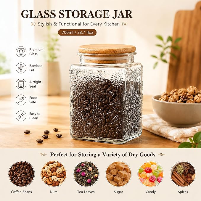 Glass Storage Jars With Airtight Lid, 23.7oz Canister For Kitchen Counter with Bamboo Lid, brown sugar, candy, coffee, cookie, salt, tea,pantry cute Jar (Square Sunflower) - Image 4
