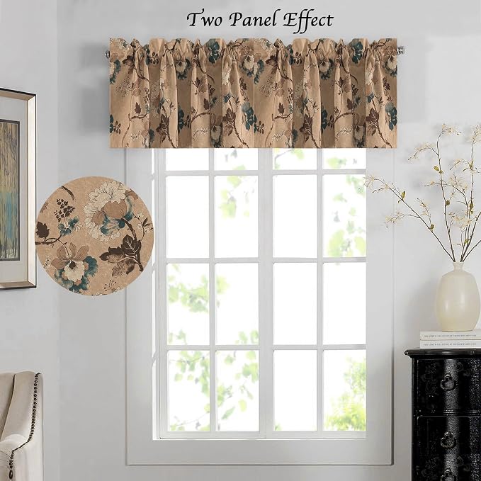 H.VERSAILTEX Blackout Curtain Valances for Kitchen Window/Living Room/Bathroom Privacy Added Rod Pocket Home Decoration Winow Valance, 52" W x 18" L, Floral in Brown and Blue - Image 3