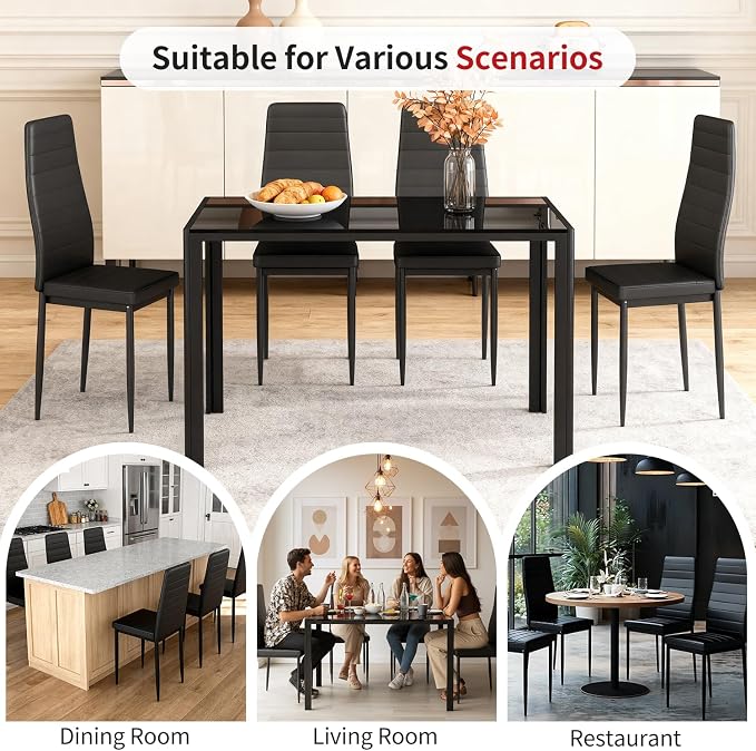 FDW | Dining Chairs Set of 4 | Black | Kitchen Chairs 4 Upholstered Chairs and Faux Leather Cushions | Space-Saving and Modern Design | for Dining Room, Easy to Assemble - Image 7