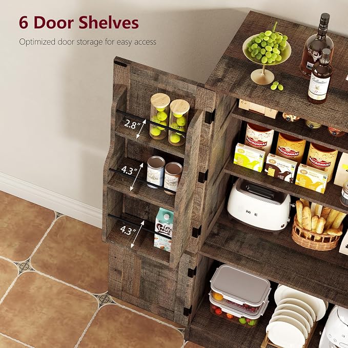 TEENFON Storage Cabinet with 4 Doors, 43.3" H Farmhouse Kitchen Cabinet with 6 Door Shelves, Kitchen Storage Cabinets with Adjustable Shelves, for Living Room, Antique Oak - Image 4