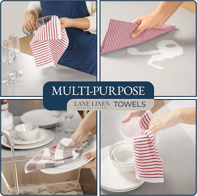 LANE LINEN Cotton Kitchen Towels and Dishcloths 20 Pack - Large Dish Towels Set for Holiday Hosting, Fast Drying Dish Rags, Flour Sack Towels, Versatile Scrubbers & Oven Mitts with Pot Holders - Red - Image 4