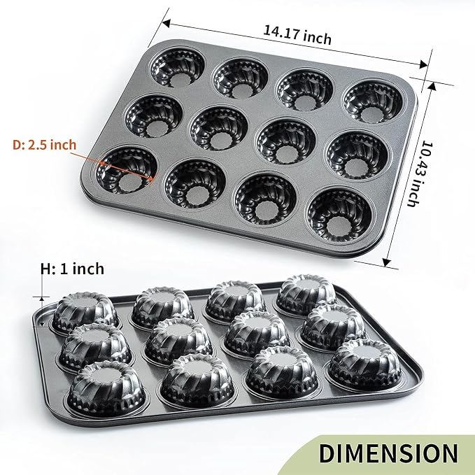 Mini Bndt Cake Pan 2 Pack, Nonstick Brownie Bowl Pan 12-Cavity Fluted Small Round Cake Tray Shortcake Pan Mold for Fall Baking Thanksgiving Muffin Bavarois, Carbon Steel Cake Pan - Image 2