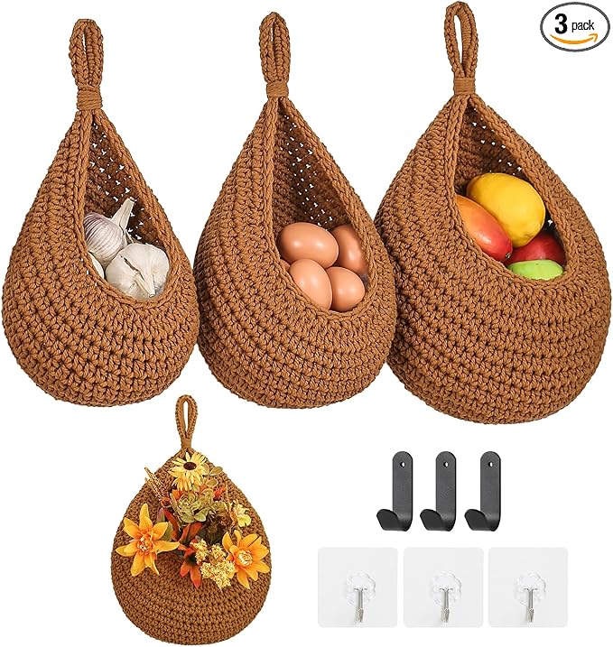 Boho Wall Hanging Fruit Baskets for Kitchen 3 Pack Woven Produce Holder with 6 Pcs Strong Hooks Vegetable Hanging Basket for Organizing Teardrop Home Wall Potato Onion Storage, Caramel by INJORAN
