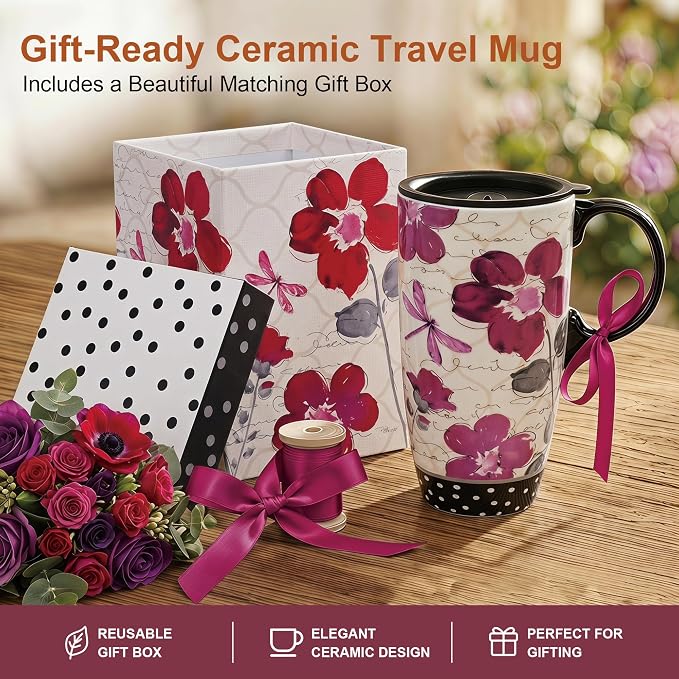 Topadorn 17oz Ceramic Travel Mug with Lid, Pink Floral Coffee Mug for Women | Coffee Mug with Handle, Pink Watercolor Floral Design, Spill-Resistant Lid, Microwave & Dishwasher Safe, Gift Box Included - Image 7