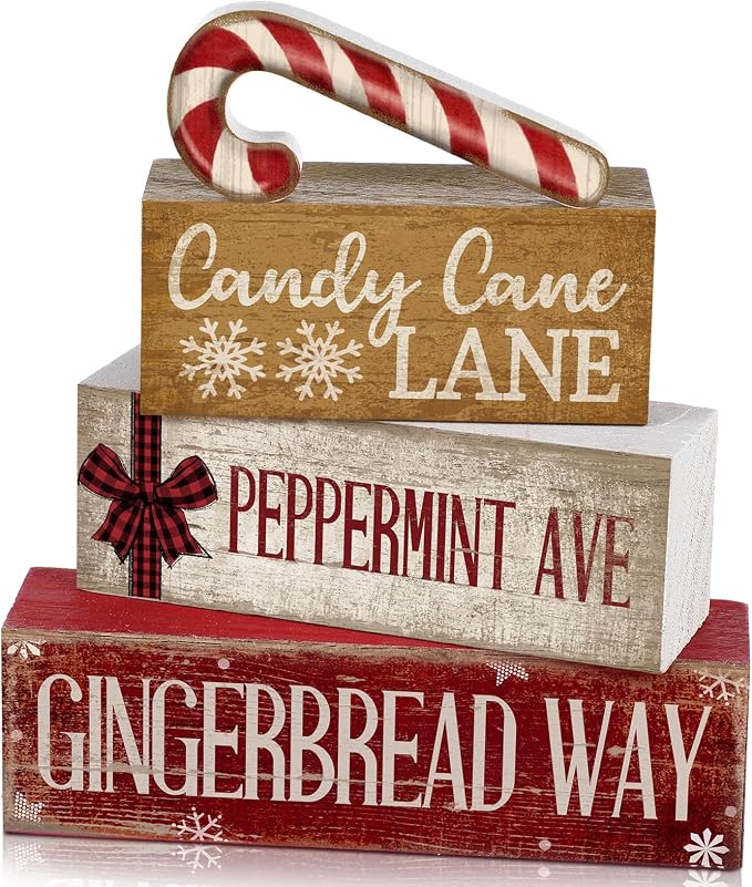 Moucuny 4 Pcs Christmas Table Decor Wooden Candy Cane Decoration Christmas Centerpiece Winter Tiered Tray Decor Red and White Stripes Candy Cane Block Signs Gift Farmhouse Xmas Decoration for Kitchen by Moucuny