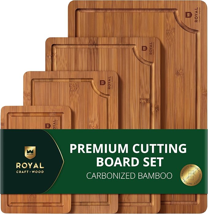 ROYAL CRAFT WOOD Wooden Cutting Boards for Kitchen Meal Prep & Serving - Bamboo Non Toxic Cutting Board Set with Deep Juice Groove Side Handles - Charcuterie & Chopping Butcher Block for Meat (4 Pcs) by ROYALCRAFTWOOD