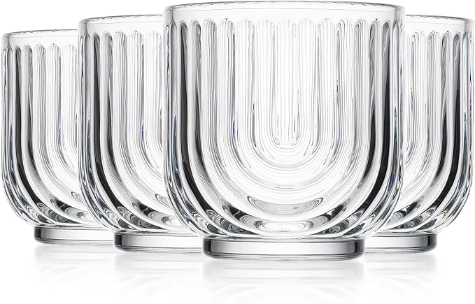 Glaver's Vintage Glassware Art Deco Glasse Ribbed Drinking Glasses U-Shape Arch Design Colored Cocktail Kitchen Tumblers Everyday Dinner Decorative Party (Clear S/4 11oz) - Image 8