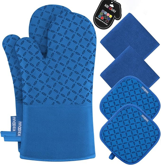 KEGOUU Oven Mitts and Pot Holders 6pcs Set, Kitchen Oven Glove High Heat Resistant 500 Degree Extra Long Oven Mitts and Potholder with Non-Slip Silicone Surface for Cooking (Royal Blue) by KEGOUUOvenMitt