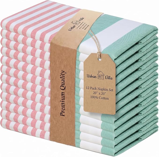 Urban Villa Cloth Napkins Cotton 20x20 (Set of 12) Ruby Green Stripes by CottonTrends