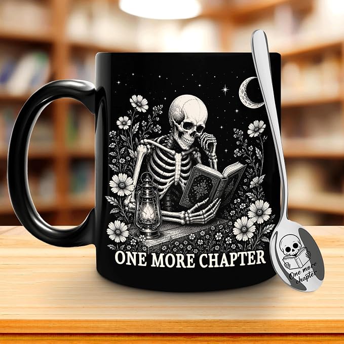 Hyturtle Funny Skeleton Reading Coffee Mug with Spoon Gifts for Book Lovers | Spooky Reading Themed Gifts for Readers, Halloween Decor, Premium double-sided print 11oz ceramic mug, Comfort grip handle - Image 7
