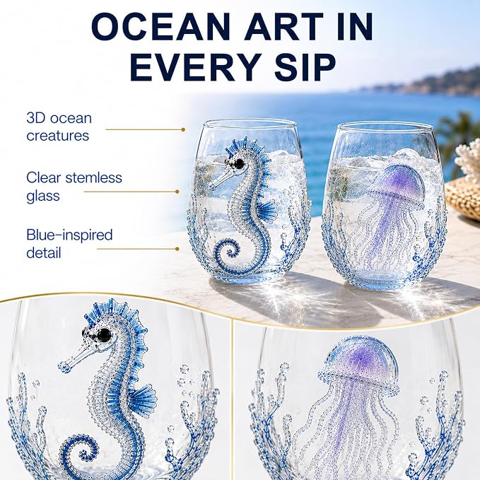 Coastal Stemless Wine Glasses Set of 4, 12oz 3D Ocean Animal Artisan Glassware Collection with Unique Sea Life Designs (L - Set of 2) - Image 2