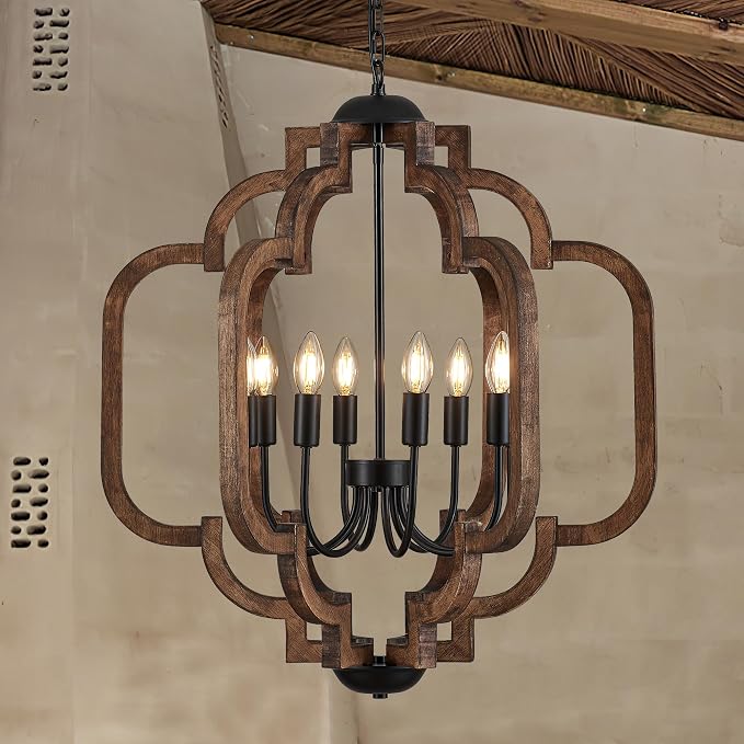 24.6" Farmhouse Vintage Chandelier 8-Light for Dining Room Rustic Handmade Wood Hanging Ceiling Pendant Light Fixture for Entryway Brown Retro Chandeliers for Kitchen Bedroom Foyer Hallway - Image 8