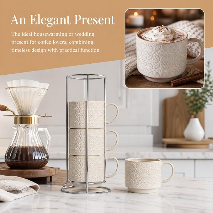 6 Oz Coffee Mugs with Stand, Stackable Ceramic Espresso Cups Set of 4, Embossed Coffee Cups Sets, Porcelain Cappuccino for Latte, Cocoa, Mocha, Tea, Dishwasher Safe, Vintage White - Image 5