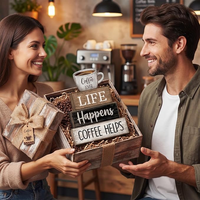 Moucuny 4 Pcs Farmhouse Coffee Bar Table Decor Vintage Wooden Stacked Block Sign - 'life Happens Coffee Helps' Table Centerpiece Rustic Wood Bar Sign Gift for Home Kitchen Shelf Tiered Tray Decor - Image 6