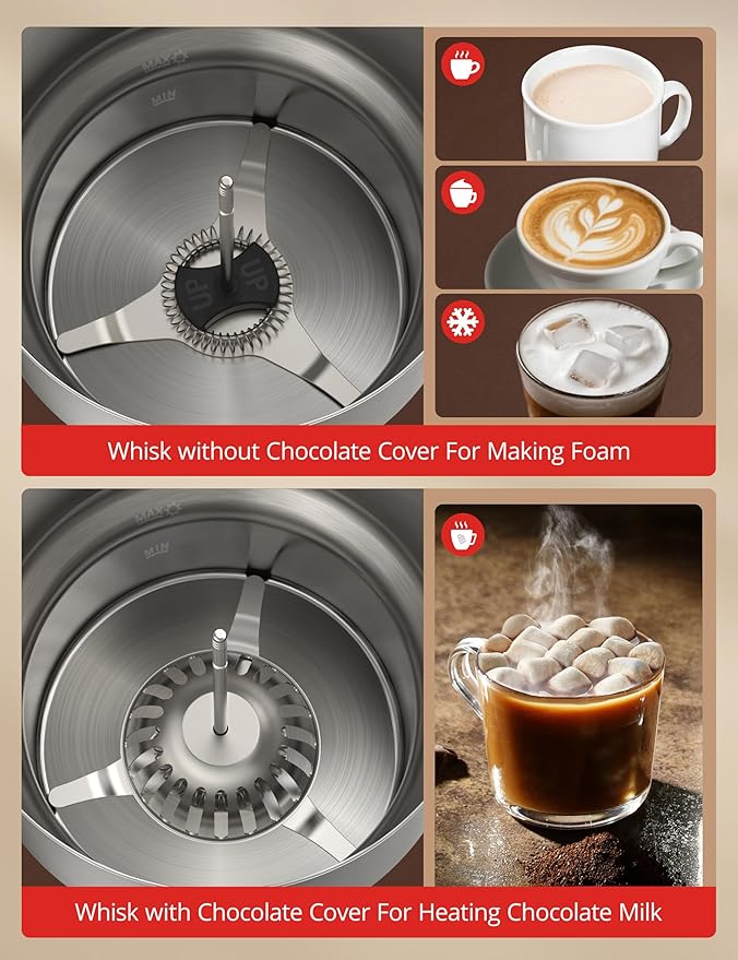 Milk Frother and Steamer, PARIS RHÔNE 4-in-1 Detachable Milk Steamer, 500ml Hot Chocolate Maker and Milk Warmer with Hot & Cold Foam, Dishwasher Safe, All Stainless Steel