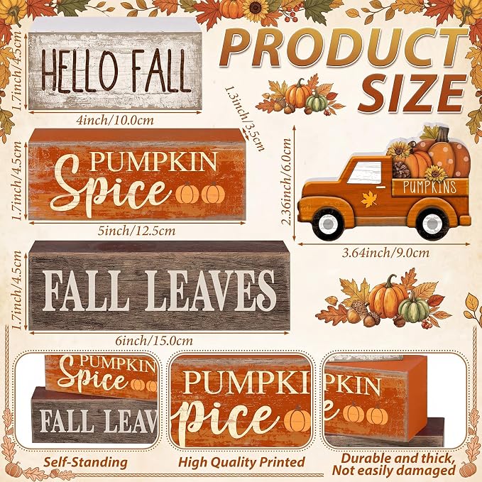 Moucuny 4 Pcs Fall Decoration for Home Fall Truck Decor Thanksgiving Tiered Tray Decor Rustic Wooden Truck Block Sign Thanksgiving Centerpiece Autumn Table Decorations for Harvest Party Kitchen Home - Image 3