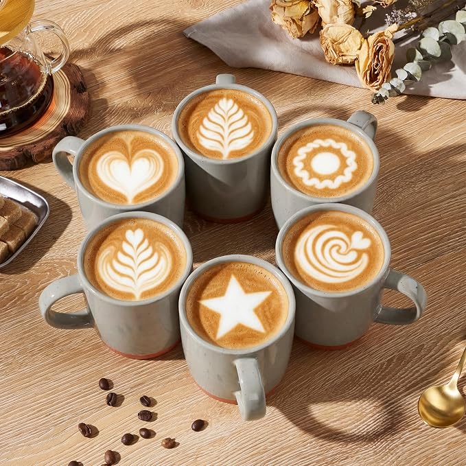 E-far Ceramic Coffee Mug Set of 6, 12oz Stoneware Coffee Cup with Handle, Porcelain Tea Cups, Modern Farmhouse Latte Mug Gift Set for Women & Men, Microwave Safe, Speckled Khaki - Image 4