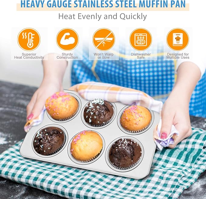 E-far Muffin Pan Set of 4, Stainless Steel Muffin Pan Tin for Baking, 6-Cup Metal Cupcake Pan Tray, Non-toxic & Healthy, Oven & Dishwasher Safe, Regular Size - 11.44 x 7.12 x 1.25 Inch - Image 4