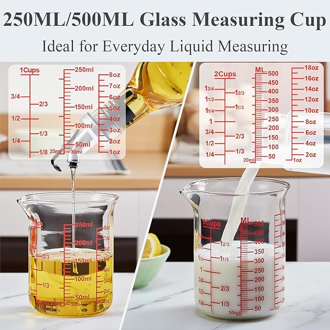 Ackers High Borosilicate Glass Measuring Cup Set with Pour Spout,60ml(2OZ),120ml(4OZ), 250ml(8OZ), 500ml(16OZ), 1000ml(32OZ) Glass Measuring Beaker for Kitchen or Restaurant, Easy to Read - Image 3