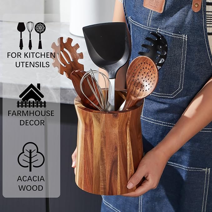 Wooden Utensil Holder for Countertop, 360° Rotating Kitchen Utensil Holder, 7.2"x 6" Large Acacia Wood Crock, Farmhouse Kitchen Decor - Image 5