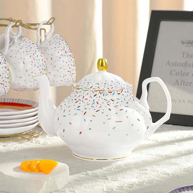 fanquare 21-Piece Colorful British Porcelain Tea Sets, 6 Cups and Saucers Set for Party, Rainbow Sprinkle Sugar Pattern Coffee Set for Adults, Birthday, Holiday, Celebrations - Image 2