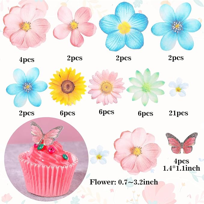 55 Pcs Edible Flowers & Butterflies Cake Decorations - Cupcake Toppers for Wedding, Birthday Party Food (Mixed Size & Colour) - Image 2