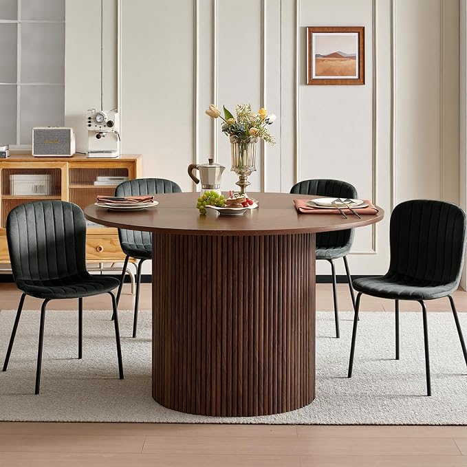 5 Piece Round Dining Table Set for 4, Mid Century Modern Wooden Kitchen Table and Chairs, Space-Saving Small Dinette Set (47 Inch Walnut Table+4 Black Chairs) by SQPFTW