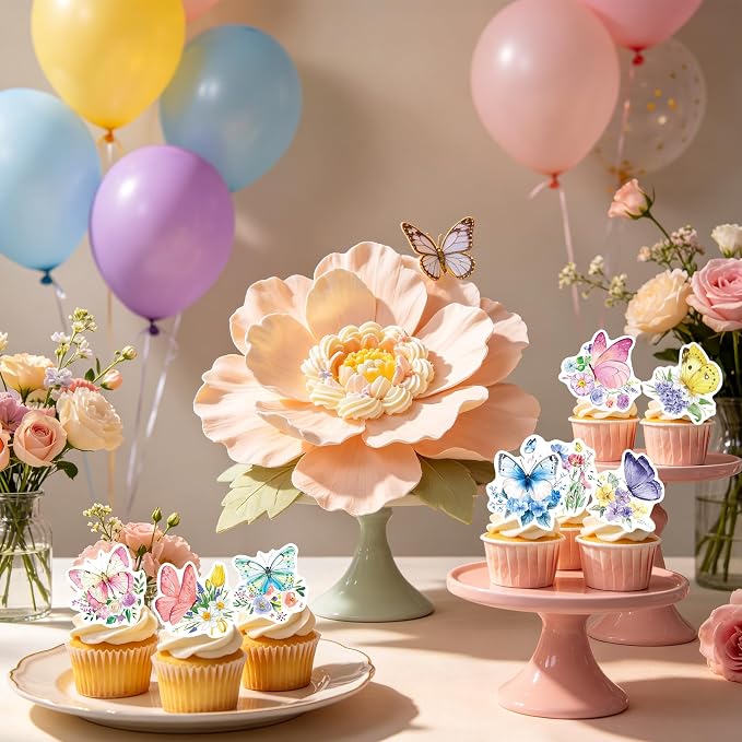 72Pcs Edible Butterfly Flower Cupcake Toppers Wildflower Cupcake Toppers Baby Shower Girl Butterfly Flower Floral Birthday Party Decoration Supplies - Image 2