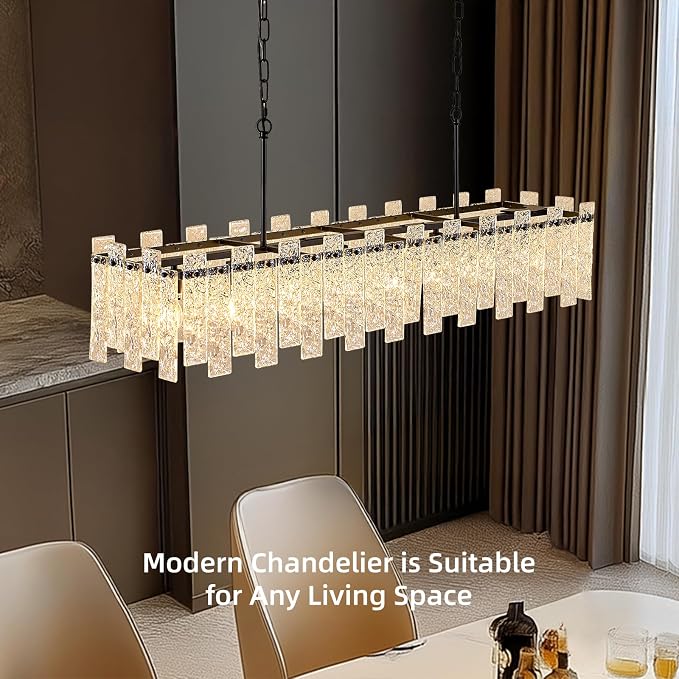 Modern Rectangular Crystal Chandelier, L47 inch Black Rectangle Water Ripple Glass Chandeliers Lighting, 8 Lights Linear Pendant Light Fixture for Kitchen Island, Living Room, Adjustable Hight - Image 3