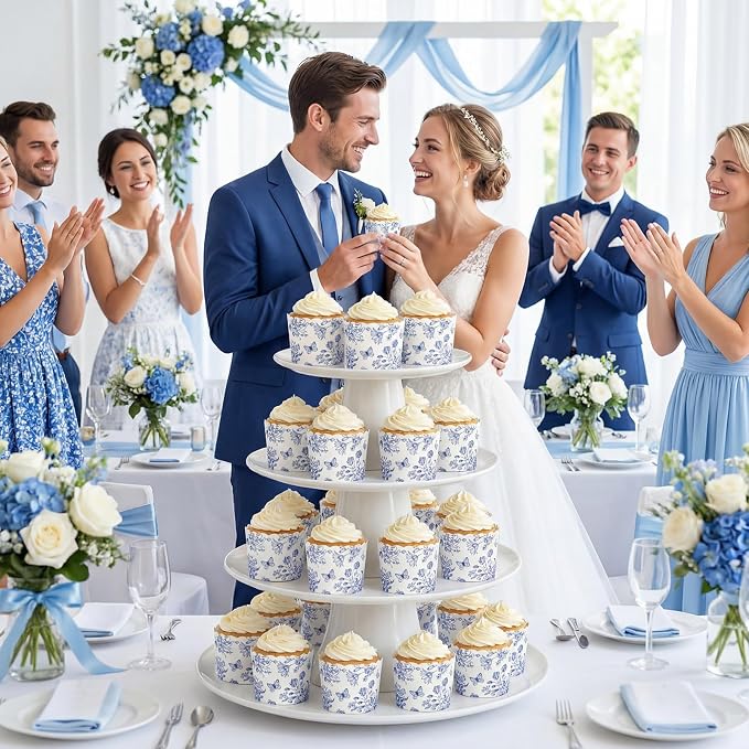 Qinyoung 150 Pcs Blue Floral Cupcake Wrappers Liners Blue White Chinoiserie Wildflower Paper Baking Cups Disposable French Vintage Cupcake Muffin Cases for Wedding Baby Shower Birthday Tea Party Decor - Image 5
