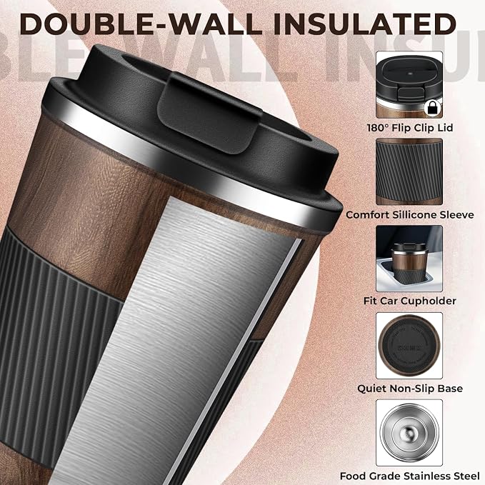 Insulated Coffee Tumbler 12 oz, Stainless Steel Coffee Mug with Lids, Travel Coffee Mug Leak Proof, Double Wall Vacuum Insulated Reusable Coffee Cup, Keep Drinks Hot and Cold (Wood, 12 Ounces) - Image 4