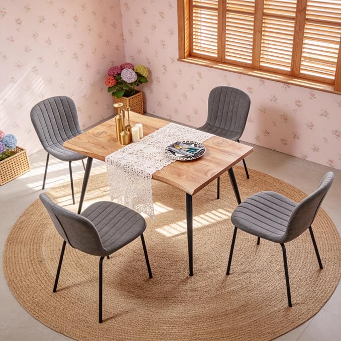 Rectangle Dining Table Set for 4 with Grey PU Leather Chairs | 5-Piece Mid-Century Modern Set, Irregular MDF Table, Wood Grain, Space-Saving for Small Spaces, Dining Rooms, Easy Clean - Image 7