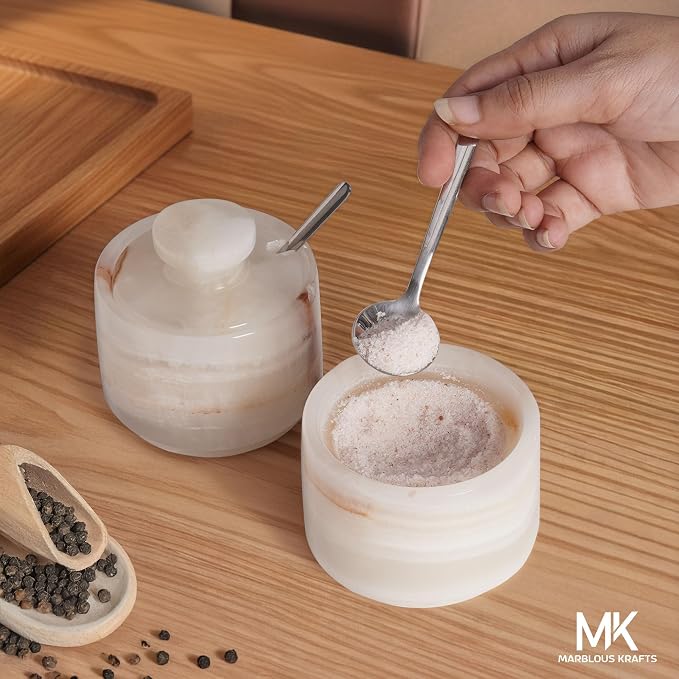 Salt Cellar with Lid and Spoon 3" Inch White Onyx Salt and Pepper Dish, Marble Sugar and Salt Bowls, Ideal for Easter Table Decor and Kitchen Countertop Storage - Image 6