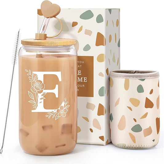 Personalized Gifts for Women, Monogrammed Gifts for Women, Initial 16 oz Glass Cups With Lids and Straws, Customized Mug, Personalized Birthday Gifts Christmas Gifts for Her Mom Friend Woman, E