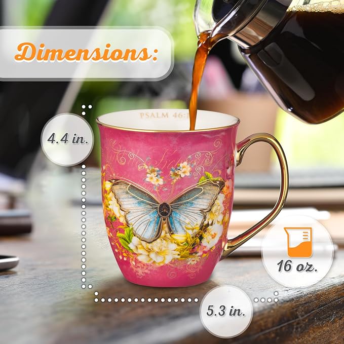 Christian Art Gifts Pink Butterfly Ceramic Coffee Mug with Gold Accents – 14 oz. Lead and Cadmium-free Inspirational Scripture Coffee and Tea Mug for Women with Bible Verse: Be Still – Psalm 46:10 - Image 2