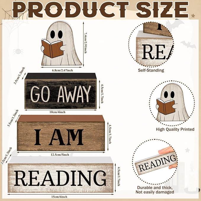 Moucuny 4 Pcs Halloween Table Decoration Wooden Ghost Reading Stacked Block Decor, "Go Away I Am Reading" Sign, Rustic Ghost Centerpiece Book Lover Halloween Tiered Tray Decor for Home Office Library - Image 3