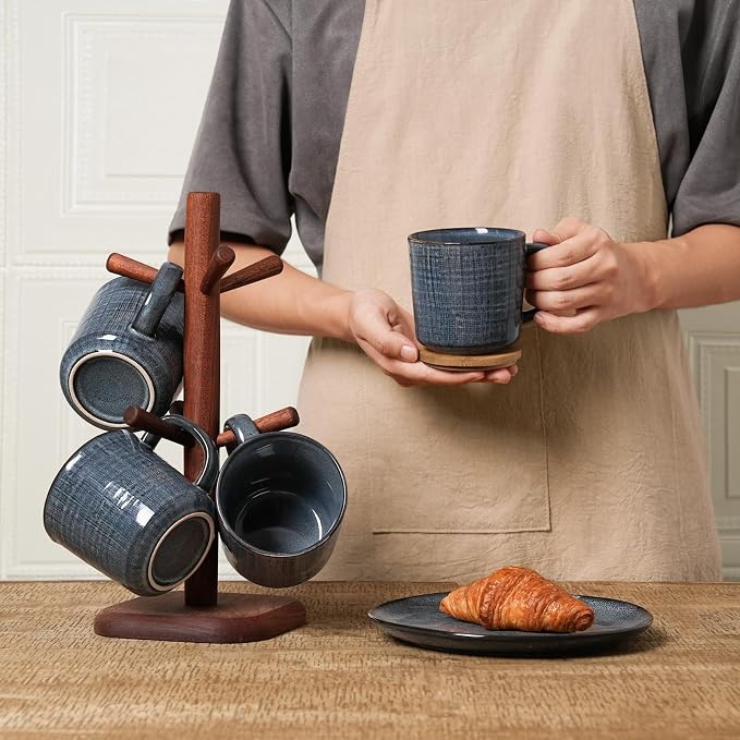 famiware Moonlight Coffee Mug Set of 4, 14oz Mug Set with Linen Finish, Coffee Cup Set with Handle for Latte, Cappuccino, Tea, Hot Cocoa, Microwave and Dishwasher Safe, Dark Blue - Image 5