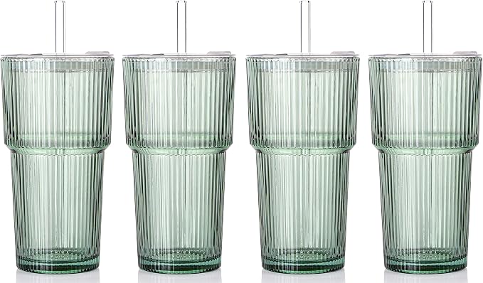 4PCS Green Ribbed Glass Cups with Lids and Straws, 20oz Vintage Drinking Glasses, Aesthetic Iced Coffee Cups, Glass Tumbler for Boba, Beer, Tea, Cocktails, Green Ribbed Glassware Set by SIPBYSOP