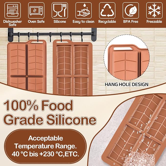3pcs Dubai Chocolate Molds 0.82 Inch Deep,Silicone Chocolate Bar Mold Non-Stick Flexible Thick Homemade Chocolates Candies and Desserts (Brown) - Image 5