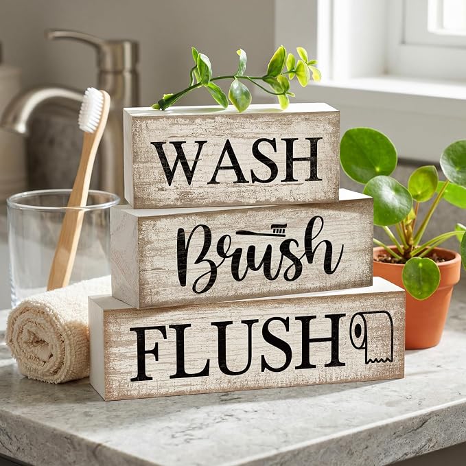 Moucuny 4 Pcs Farmhouse Bathroom Decor and Accessories Rustic Bathroom Shelf Decor Sign Set "wash/brush/flush" Farmhouse Eucalyptus Leaves Wood Block Signs for Toilet Vanity Countertop Home Decoration - Image 3