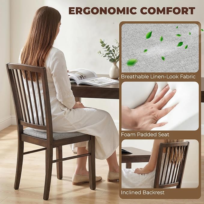 HOMCOM Farmhouse Dining Chairs Set of 2, Upholstered Linen, Burn Brown | Kitchen Chairs, Dining Room Chairs, Solid Rubberwood Legs - Image 5