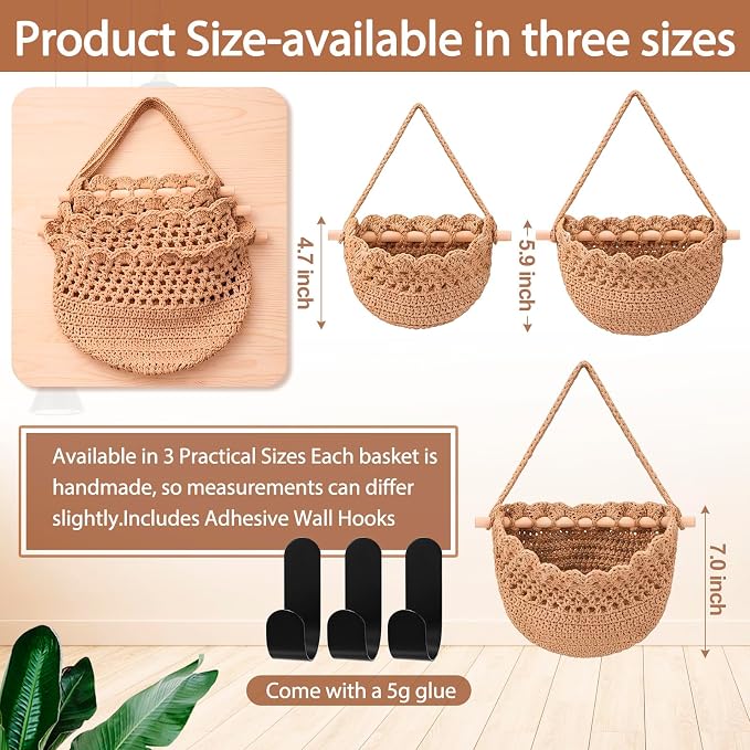Honeydak Boho Decor Hanging Wall Baskets for Kitchen 3 Pack Teardrop Baskets with Hooks Storage Fruit Onion Vegetable Potato for Home(Dark Brown,Lace,Cotton Rope) - Image 2
