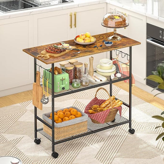 Kitchen Island with 3 Shelves, Rolling Kitchen Cart with 6 Hooks and Protective Shelf, Microwave Stand on Lockable Wheels, Bakers Rack Coffee Bar for Dining, Living Room, Outdoor, Metal Frame by ThreeHio