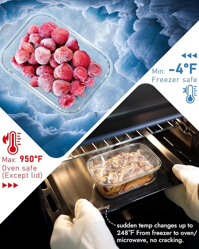 12-Pack Glass Containers with Tempered Lids – Borosilicate, Oven-Safe(-4°F~950°F), Airtight, BPA-Free, Multi-Size for Meal Prep, Dishwasher Safe, 1.6 cups to 6.4 cups (Gray) - Image 4
