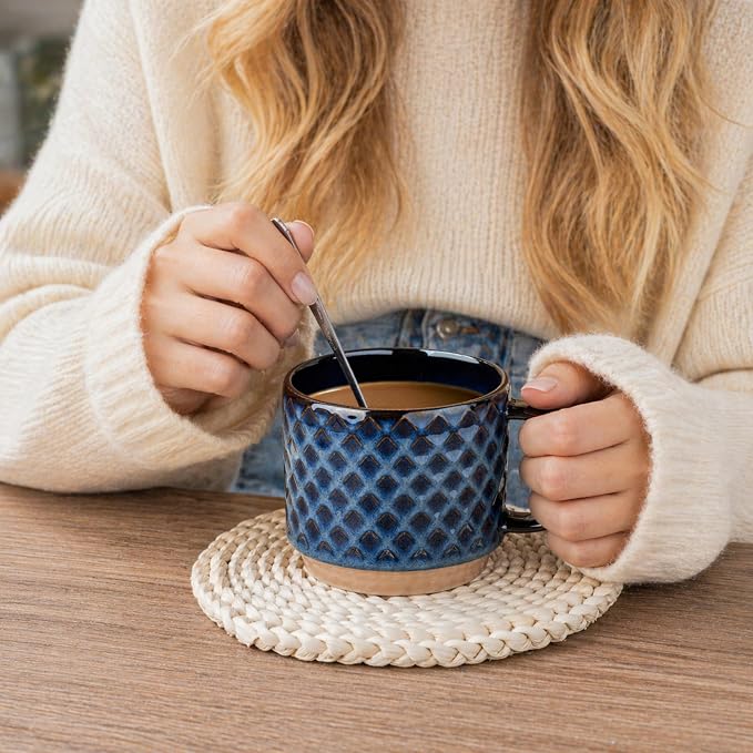 GBhome 12 OZ Stackable Coffee Mugs Set of 6, Ceramic Coffee Cups Set | 3 Assorted Designs, Embossed Mugs with Texture Patterns for Tea/Coffee, Dishwasher&Microwave Safe, Deep Sea - Image 5