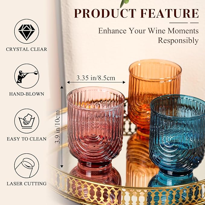 Colored Vintage Drinking Glasses Set of 6-15oz Hand-Blown Highball Ribbed Glassware, Arch Design Cocktail Glasses for Whiskey Water Beverages Ice Coffee Juice Milk - Image 3
